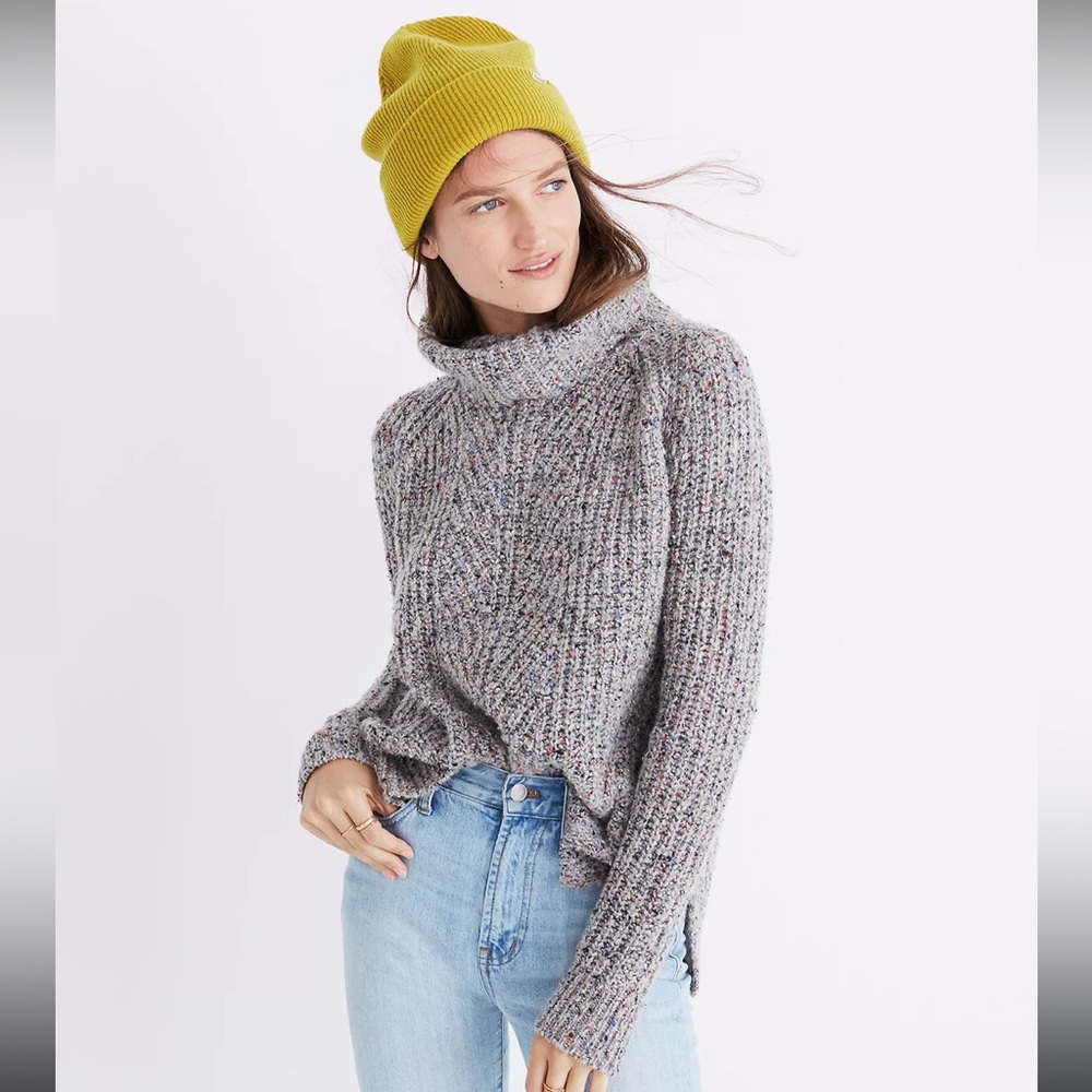 Madewell Wool Blend Gray Colorfleck Ribbed Turtleneck Sweater